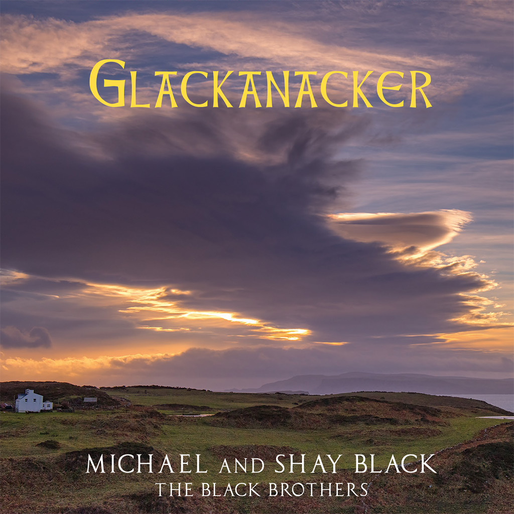 Album cover for the Glacanacker album showing the Black Family's ancestral home on Rathlin Island during a cloudy sunset. 
